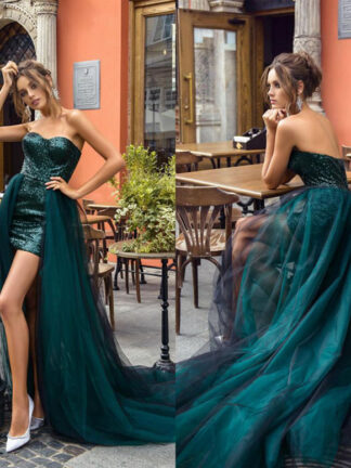 Купить Dark Green Mermaid Sequin Prom DressesSexy Sweetheart Evening Dress Short With Detachable Train Formal Party Dresses robes de