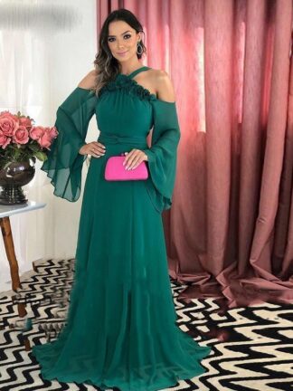 Купить Green Chiffon Evening Dresses 2020 Long Women Party Gowns Halter Sweep Train A Line Flower Prom Dress Vestidos De Fiesta