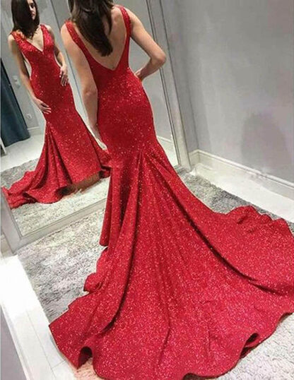 Купить Sparkly Mermaid Glitter Prom Evening Gowns Deep V Neck Formal Dress Cutaway Sides Backless Pageant vestidos fiesta de noche