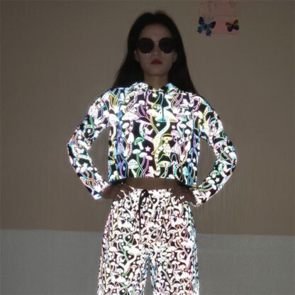 Купить Women Cartoon Mushroom TrackSuits Reflective Rainbow With Pattern Holographic Crop Hoodie And Shorts Glow Suit