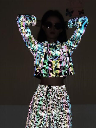 Купить Woman TrackSuits Sportswear Drawstring 3M Reflective Crop Hoodie Pants Rainbow Printing Noctilucent Glowing Jogger Training Sweatpants