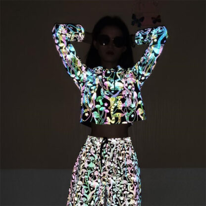 Купить Woman TrackSuits Sportswear Drawstring 3M Reflective Crop Hoodie Pants Rainbow Printing Noctilucent Glowing Jogger Training Sweatpants