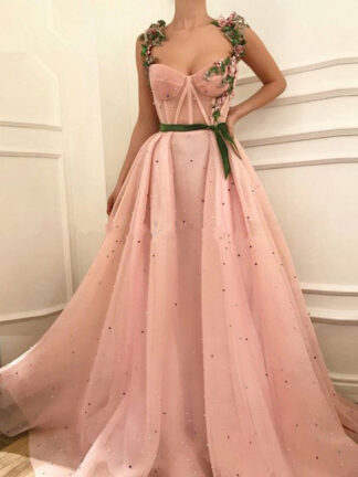 Купить Rose Coral Long Prom Dress with Straps Colorful Pearls Floral Embroidery Special Occasion Dresses for Girls Evening Party Gowns