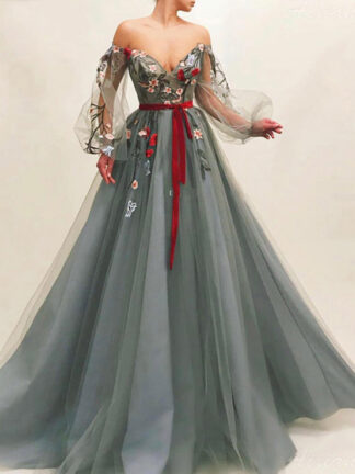 Купить Gray Muslim Evening Dress Off Shoulder Embroidery Tulle Islamic Dubai Kaftan Saudi Arabic Long Sleeves Gown Prom