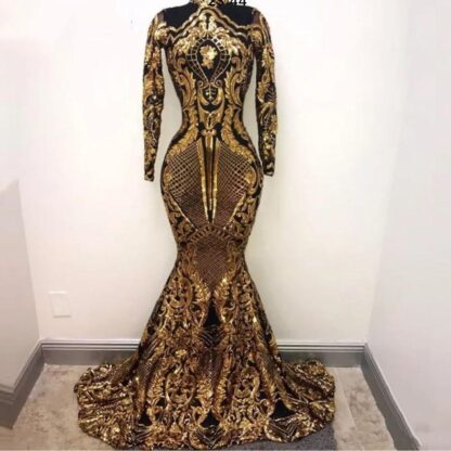 Купить Gold Arabic Muslim Long Sleeves Mermaid Evening Dresses 2019 Sequins Bling Moroccan Kaftan Prom Dress Formal Party Gowns For Women