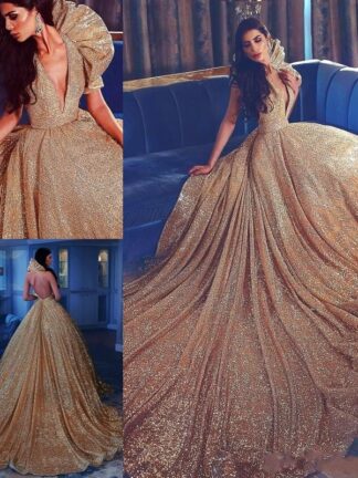 Купить Sparkly Golden Sequins Evening Dresses Deep V-neck Sexy Backless Stunning Red Carpet Dress Cheap Custom Made Celebrity Prom Gowns