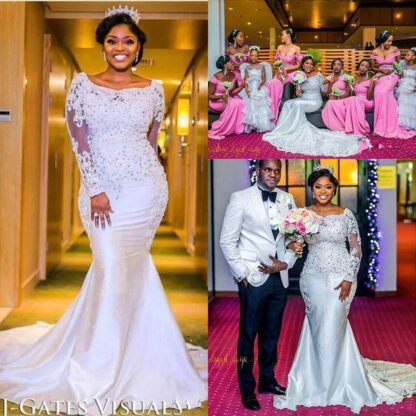Купить Nigerian Mermaid Wedding Dresses 20 Sweetheart Beaded Lace Appliqued Long Sleeves Chapel Train Length African Black Girl Bridal Gowns BA9464