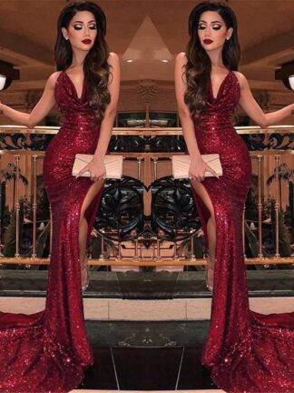 Купить 2019 Burgundy V Neck Sequin Mermaid Prom Dresses Split High Slits Vestidos De Fiesta Sweep Train Formal Long Evening Party Prom Gowns BC0866