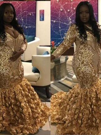 Купить Gold Black Girls African Prom Dresses 2020 v neck Sequin Applique Long Sleeves Rose Floral Skirt Special Occasion Gowns Party Dresses