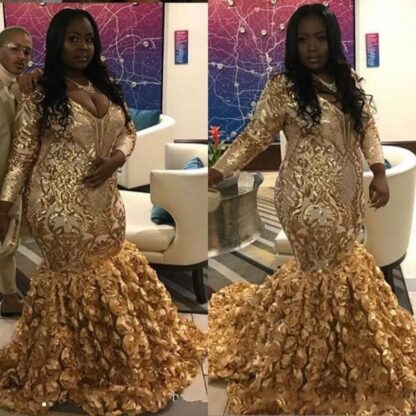 Купить Gold Black Girls African Prom Dresses 2020 v neck Sequin Applique Long Sleeves Rose Floral Skirt Special Occasion Gowns Party Dresses