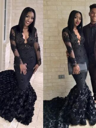 Купить Gothic Black Mermaid Prom Dresses 2K19 3D Rose Sweep Train Evening Gowns South African V Neck Sheer Long Sleeves Formal Party Dress
