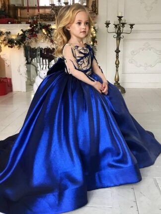 Купить Princess Flower Girl Dresses Blue Little Girls Pageant Dresses Lace Applique Princess Children Wedding Gowns Flower Long Sleeve Girl Dress