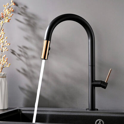 Купить Brass Pull Out Kitchen Faucet Cold And Hot Mixer Kitchen Sink Tap Blackened Tap Double Water Setting Mode Black & White