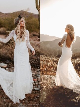 Купить 2022 Rustic Country Mermaid Wedding Dresses with Long Sleeves Beach Backless Bohemian Lace Bridal Wedding Gown Usa robe de mariée bc3405