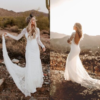 Купить 2022 Rustic Country Mermaid Wedding Dresses with Long Sleeves Beach Backless Bohemian Lace Bridal Wedding Gown Usa robe de mariée bc3405