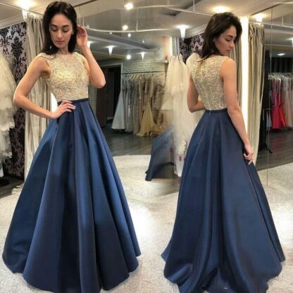 Купить 2020 New Gold and Blue Bridesmaid Dresses Navy Blue Sheer Neck Major Beaded Floor Length Wedding Guest Party Prom Evening Gowns