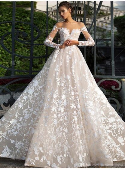 Купить New Gowns Vintage Lace Wedding Dresses Sexy Off the Shoulder Long Sleeves Applique Sweep Train A Line Bridal Plus Size Custom
