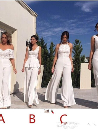 Купить V Neck Lace JumpSuit Long Bridesmaid Dresses Off The Shoulder Split Floor Length Long Maid of honor Wedding Guest Evening Gowns
