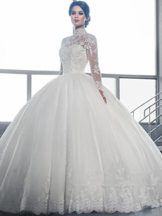 Купить 2022 High Collar Sheer Long Sleeves Lace Ball Gown Wedding Dresses Vintage Applique Tulle Bridal Gowns Vestidos De Noiva Custom Made