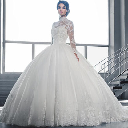 Купить 2022 High Collar Sheer Long Sleeves Lace Ball Gown Wedding Dresses Vintage Applique Tulle Bridal Gowns Vestidos De Noiva Custom Made