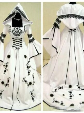 Купить Classic A-Line Black Lace Embroidery White Satin Gothic Wedding Dresses With Hat Flowers Adorned Vestidos De Mariee Plus Size Bridal Gowns