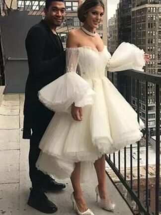 Купить 2020 White Robe de soiree Sweetheart Cocktail Short Prom Dresses Hi Low Puffy Sleeve Evening dress