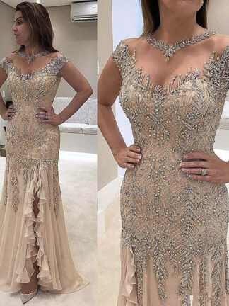 Купить Luxury Sheer Neck Mermaid Evening Dresses Beadings Sequined High Side Split Prom Elegant Formal Wear pArty Gowns