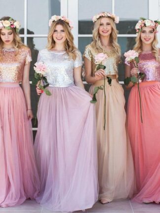Купить Country Sequin Top Two Pieces Bridesmaid Dresses 2020 Short Sleeves A Line Soft Tulle Plus Size Beach Maid Of Honor Evening Gowns
