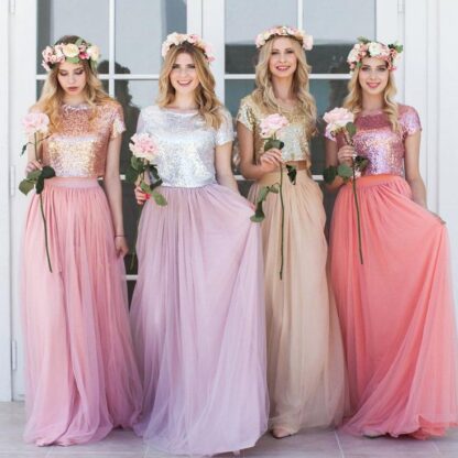 Купить Country Sequin Top Two Pieces Bridesmaid Dresses 2020 Short Sleeves A Line Soft Tulle Plus Size Beach Maid Of Honor Evening Gowns