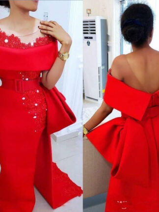 Купить Elegant Saudi Arabic Red Evening Dresses Wear With Sheer Neck Bow Train Beaded Pearls Party Dress Satin Side Split African Formal Prom Gown