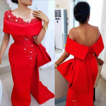 Купить Elegant Saudi Arabic Red Evening Dresses Wear With Sheer Neck Bow Train Beaded Pearls Party Dress Satin Side Split African Formal Prom Gown