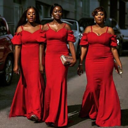 Купить Red Long Bridesmaid Dresses For Wedding Party New African Plus Size Spaghetti Off Shoulder Sexy Mermaid Satin Maid Of Honor Gowns