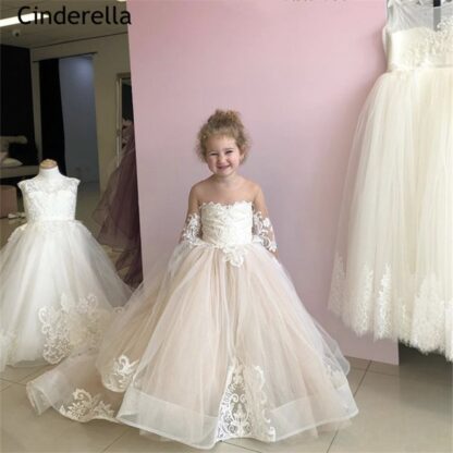 Купить 2020 Light Champagne Scoop Long Sleeves A-Line Lace Applique Tulle Flower Girls Dresses With Hand Made Infant Bow Girls Pageant Party Dress