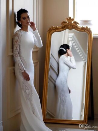 Купить Modest Mermaid Wedding Dresses Lace Appliqued Beaded Berta Sweep Train Boho Bridal Gowns Plus Size Sleeves abiti da sposa