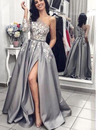 Купить Grey Satin Evening Gown A-Line Sexy Split White Lace Long pageant Prom Dresses with Pockets One Shoulder Long Sleeves Prom Dress