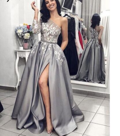 Купить Grey Satin Evening Gown A-Line Sexy Split White Lace Long pageant Prom Dresses with Pockets One Shoulder Long Sleeves Prom Dress