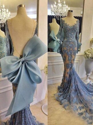 Купить Arabic Dubai Long Sleeve Mermaid Evening Dresses Backless Appliques Lace Blue Party Gowns For Women Bow applique Rhinestone