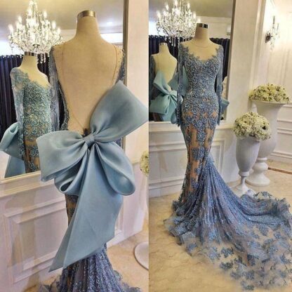 Купить Arabic Dubai Long Sleeve Mermaid Evening Dresses Backless Appliques Lace Blue Party Gowns For Women Bow applique Rhinestone