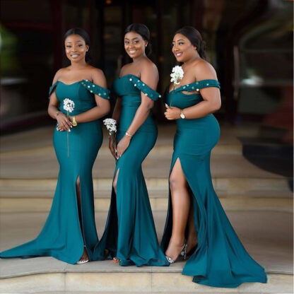 Купить African Hunter Green Bridesmaid Dresses 2022 Sexy Off Shoulder Mermaid Split Side Long Evening Gowns Plus Size Maid Of Honor Prom Dress