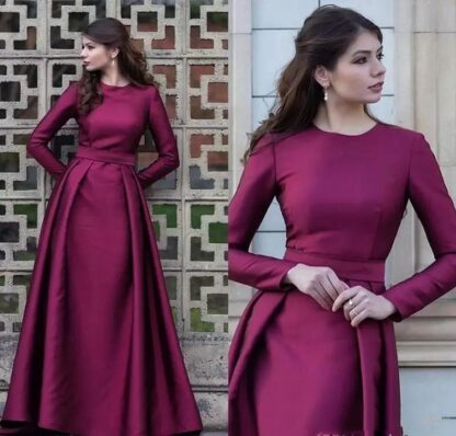 Купить Long Sleeve Grape Mother of the Bride Dresses New Design Matched Sash A-Line Satin Guest Gowns Party evening Dress Gown Grace