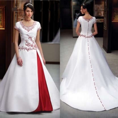 Купить Vintage White and Red Wedding Dresses Classic Short Sleeve Scoop Neck Beaded Embriodery A Line Satin Bridal Gowns Custom Made