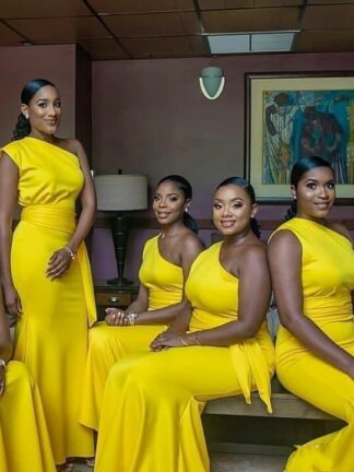 Купить Yellow One Shoulder Sheath Bridesmaid Dresses African Satin Mermaid Prom Party Dress With Sash Pleats Long Formal Wedding Guest Gowns