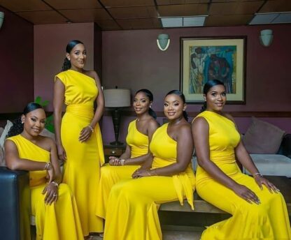 Купить Yellow One Shoulder Sheath Bridesmaid Dresses African Satin Mermaid Prom Party Dress With Sash Pleats Long Formal Wedding Guest Gowns