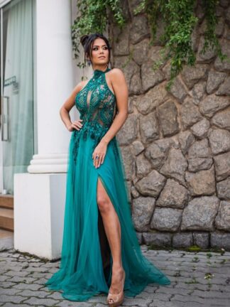 Купить Aso Ebi Arabic Hunter Green Sexy Evening Dresses Lace Beaded Backless Prom High Neck Formal Party Second Reception Gowns