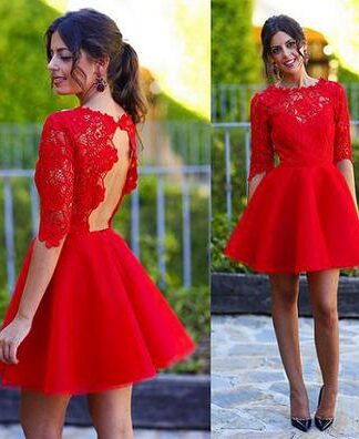 Купить New Arrival A-Line Red Lace Half Sleeve Short Prom Homecoming Formal Party evening Dresses Open Back Custom