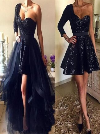 Купить Spakly Black Sequins Prom Dresses With Detachable Overskirt Hi Lo New Sexy One Shoulder Long Sleeve Arabic African Short Evening Gowns