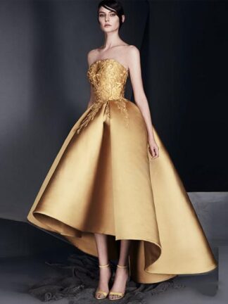 Купить Elegant Gold Applique Prom Dress Strapless High-Low Ruffle Evening Gown New Design High Quality Homecoming Dresses