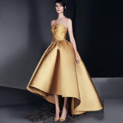 Купить Elegant Gold Applique Prom Dress Strapless High-Low Ruffle Evening Gown New Design High Quality Homecoming Dresses