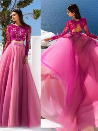 Купить Two Pieces Prom Dresses A Line Jewel Lace Tulle Evening Gowns Sweep Train Long Sleeve Party Gowns