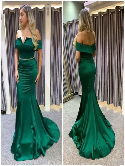 Купить Graceful Off Shoulder Green Prom Dresses Zipper Back evening Party Satin Sweep Train robes de soirée With Beading Sash